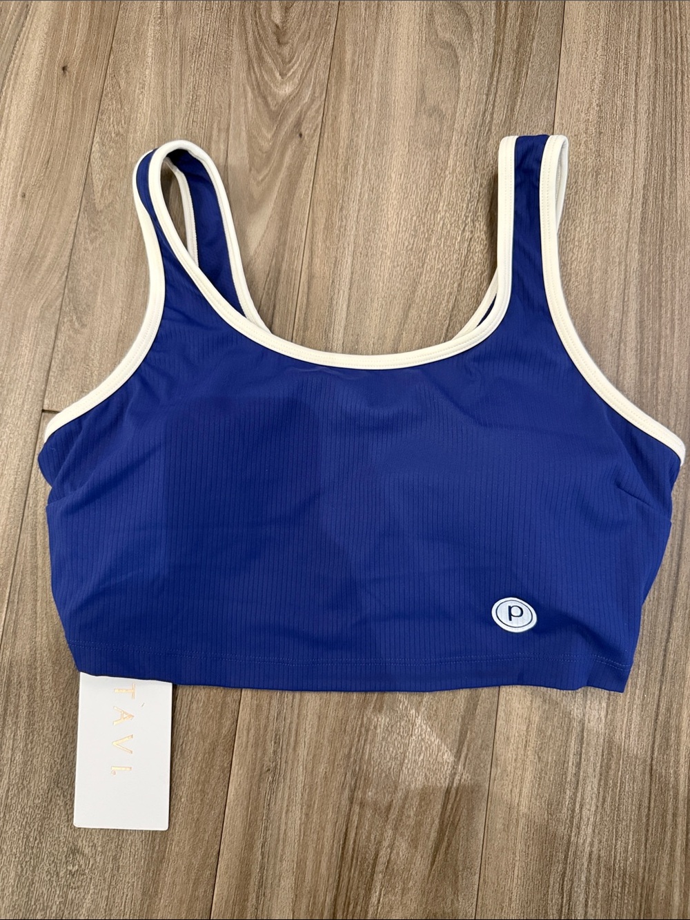 Tavi/ Purebarre Royal Blue Ribbed Scoop Sports Bra with White Trim